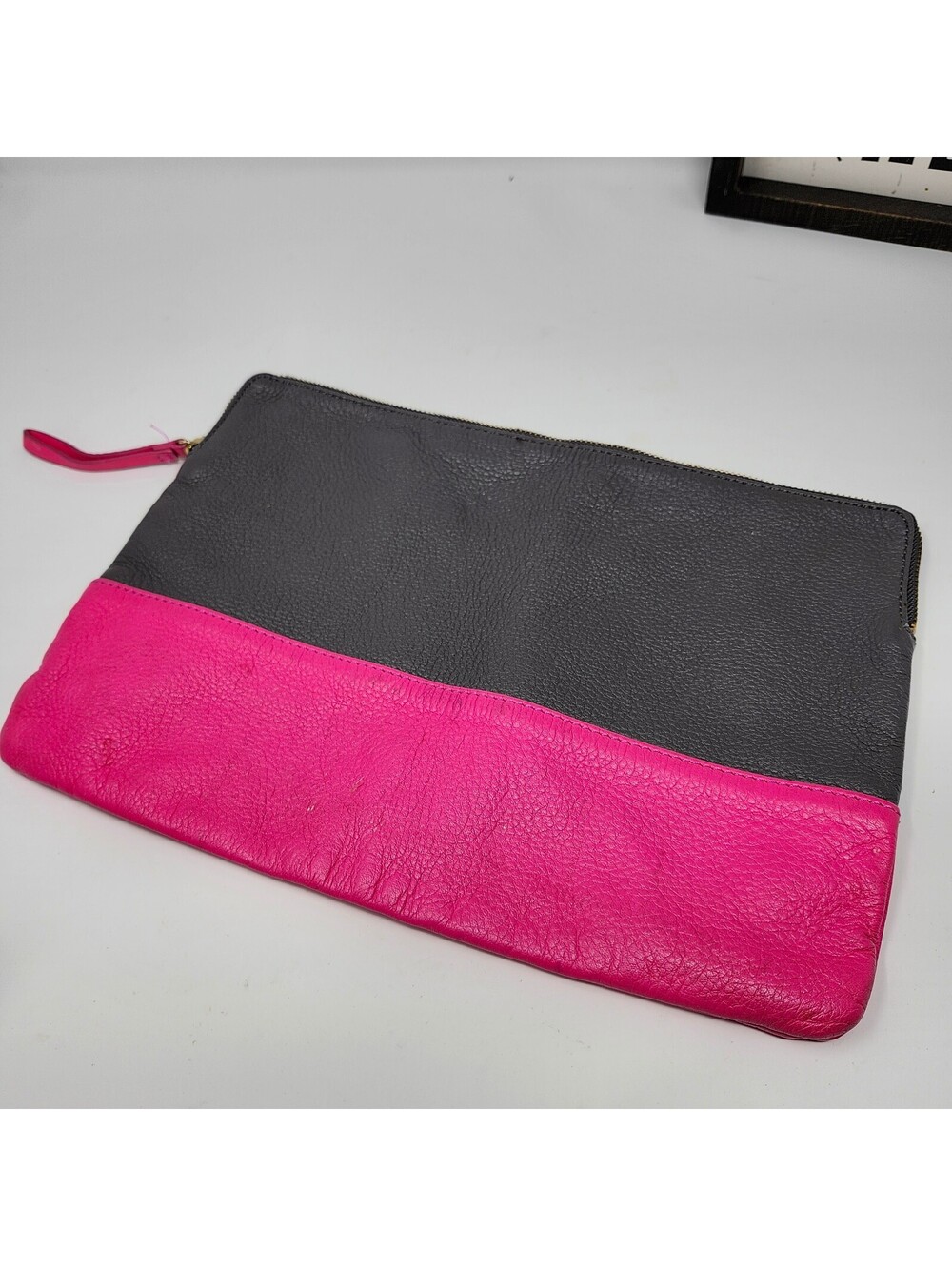 Gap Colorblock Leather Zip Clutch Gray Pink Oversized Pouch Cosmetic Bag